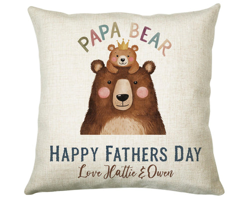 Fathers Day Gift from Son Daughter - Personalised Papa Bear Design Scatter Cushion Matching Daddy Mug Coaster Gift Bundle Gift for Dad FD011