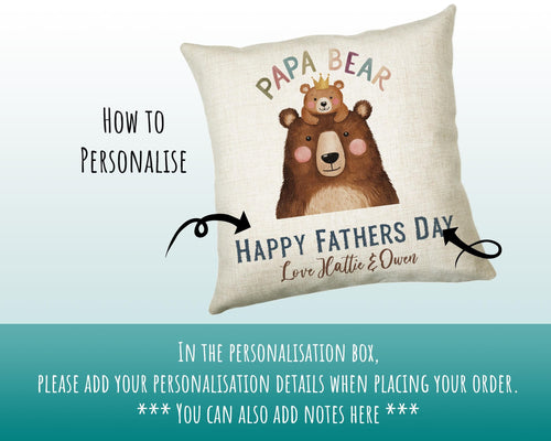 Fathers Day Gift from Son Daughter - Personalised Papa Bear Design Scatter Cushion Matching Daddy Mug Coaster Gift Bundle Gift for Dad FD011