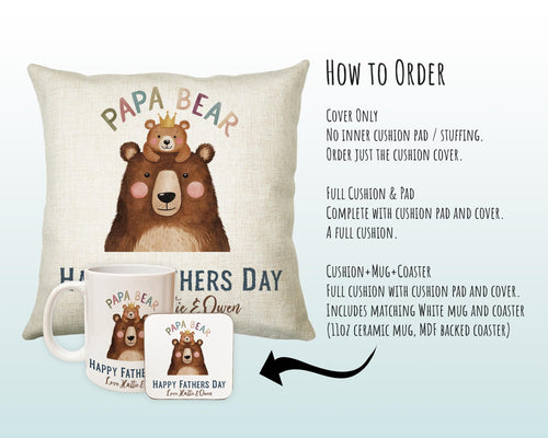Fathers Day Gift from Son Daughter - Personalised Papa Bear Design Scatter Cushion Matching Daddy Mug Coaster Gift Bundle Gift for Dad FD011