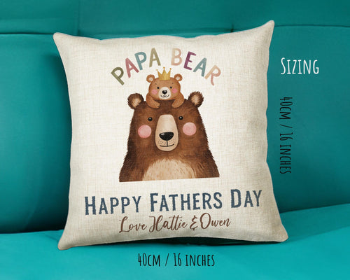 Fathers Day Gift from Son Daughter - Personalised Papa Bear Design Scatter Cushion Matching Daddy Mug Coaster Gift Bundle Gift for Dad FD011