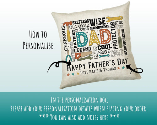 Fathers Day Gift from Son Daughter - Personalised Dad Tools Design Scatter Cushion Matching Daddy Mug Coaster Gift Bundle Gift for Dad FD013