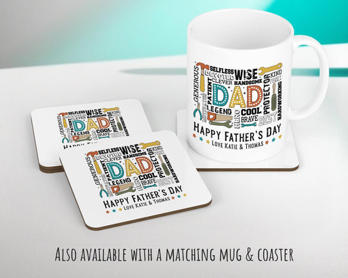 Fathers Day Gift from Son Daughter - Personalised Dad Tools Design Scatter Cushion Matching Daddy Mug Coaster Gift Bundle Gift for Dad FD013