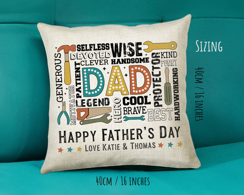 Fathers Day Gift from Son Daughter - Personalised Dad Tools Design Scatter Cushion Matching Daddy Mug Coaster Gift Bundle Gift for Dad FD013