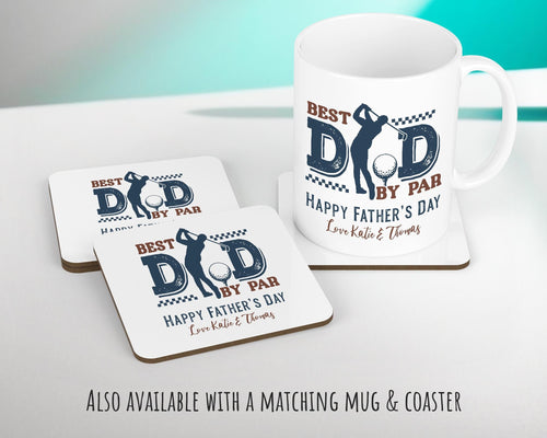 Fathers Day Golf Gift from Son Daughter - Personalised Golfer Design Scatter Cushion Matching Daddy Mug Coaster Gift Bundle for Dad FD014