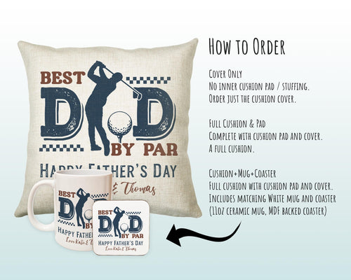 Fathers Day Golf Gift from Son Daughter - Personalised Golfer Design Scatter Cushion Matching Daddy Mug Coaster Gift Bundle for Dad FD014