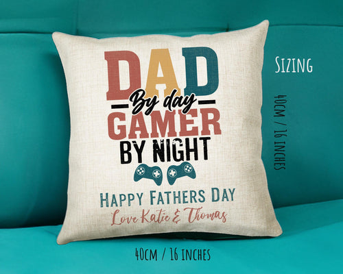 Fathers Day Gift from Son Daughter - Personalised Gamer Dad Design Scatter Cushion Matching Daddy Mug Coaster Gift Bundle for Dad FD017