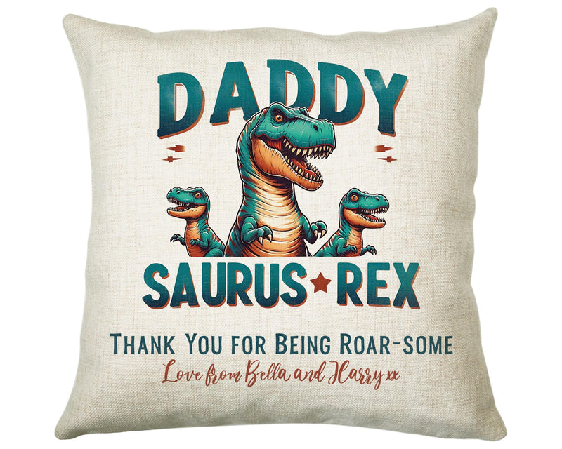 Fathers Day Gift from Son Daughter - Personalised Dinosaur Daddy Design Cushion Matching Daddy Mug Coaster Gift Bundle Gifts for Dad FD019