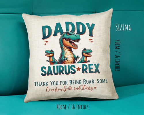 Fathers Day Gift from Son Daughter - Personalised Dinosaur Daddy Design Cushion Matching Daddy Mug Coaster Gift Bundle Gifts for Dad FD019