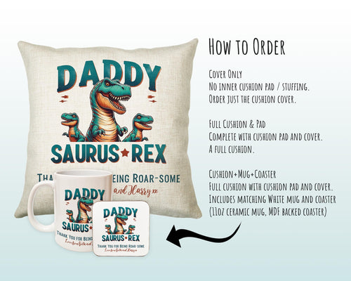 Fathers Day Gift from Son Daughter - Personalised Dinosaur Daddy Design Cushion Matching Daddy Mug Coaster Gift Bundle Gifts for Dad FD019