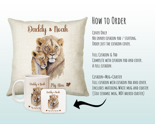 Fathers Day Gift from Son Daughter - Personalised Lion Design Scatter Cushion Matching Daddy Mug Coaster Gift Bundle Gifts for Dad FD002