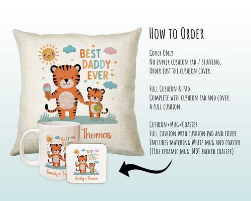 Fathers Day Gift from Son Daughter - Personalised Tiger Design Scatter Cushion Matching Daddy Mug Coaster Gift Bundle Gifts for Dad FD003