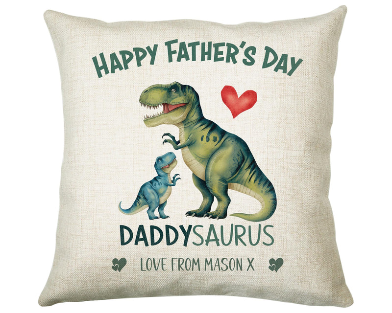 Fathers Day Gift from Son Daughter - Personalised Dinosaur Daddysaurus Design Cushion Matching Daddy Mug Coaster Gift Bundle for Dad FD004