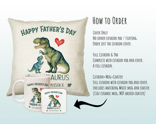 Fathers Day Gift from Son Daughter - Personalised Dinosaur Daddysaurus Design Cushion Matching Daddy Mug Coaster Gift Bundle for Dad FD004