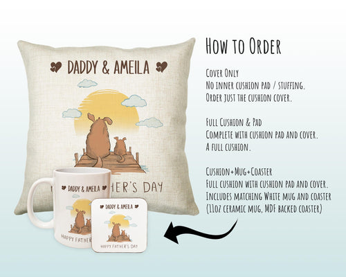 Fathers Day Gift from Son Daughter - Personalised Dog Design Scatter Cushion Matching Daddy Mug Coaster Gift Bundle Gifts for Dad FD006
