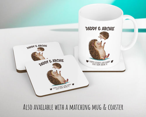 Fathers Day Gift from Son Daughter - Personalised Hedgehog Design Scatter Cushion Matching Daddy Mug Coaster Gift Bundle Gifts for Dad FD008