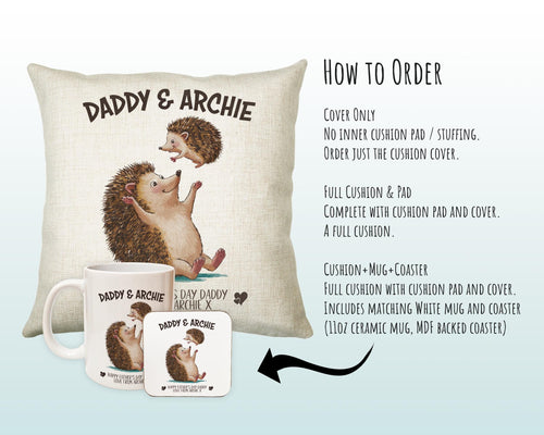 Fathers Day Gift from Son Daughter - Personalised Hedgehog Design Scatter Cushion Matching Daddy Mug Coaster Gift Bundle Gifts for Dad FD008