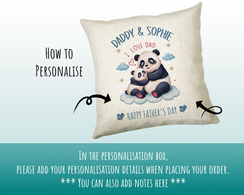 Fathers Day Gift from Son Daughter - Personalised Panda Design Scatter Cushion Matching Daddy Mug Coaster Gift Bundle Gifts for Dad FD009