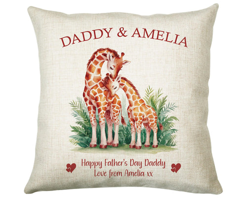 Fathers Day Gift from Son Daughter - Personalised Giraffe Design Scatter Cushion Matching Daddy Mug Coaster Gift Bundle Gifts for Dad FD010