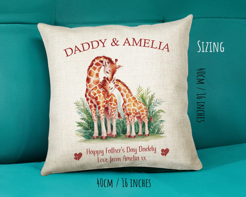 Fathers Day Gift from Son Daughter - Personalised Giraffe Design Scatter Cushion Matching Daddy Mug Coaster Gift Bundle Gifts for Dad FD010