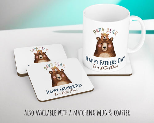 Fathers Day Gift from Son Daughter - Personalised Papa Bear Design Scatter Cushion Matching Daddy Mug Coaster Gift Bundle Gift for Dad FD011
