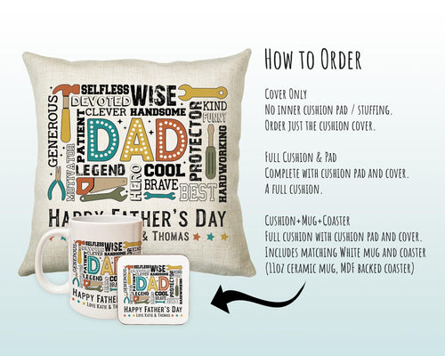 Fathers Day Gift from Son Daughter - Personalised Dad Tools Design Scatter Cushion Matching Daddy Mug Coaster Gift Bundle Gift for Dad FD013