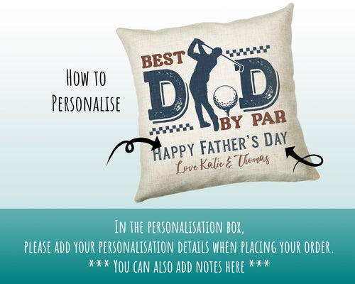 Fathers Day Golf Gift from Son Daughter - Personalised Golfer Design Scatter Cushion Matching Daddy Mug Coaster Gift Bundle for Dad FD014