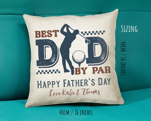 Fathers Day Golf Gift from Son Daughter - Personalised Golfer Design Scatter Cushion Matching Daddy Mug Coaster Gift Bundle for Dad FD014