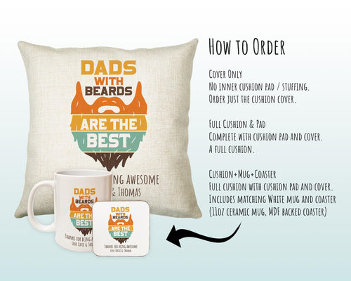 Fathers Day Golf Gift from Son Daughter - Personalised Dads With Beards Design Scatter Cushion Matching Daddy Mug Coaster Gift for Dad FD018