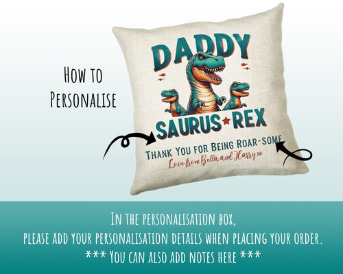 Fathers Day Gift from Son Daughter - Personalised Dinosaur Daddy Design Cushion Matching Daddy Mug Coaster Gift Bundle Gifts for Dad FD019