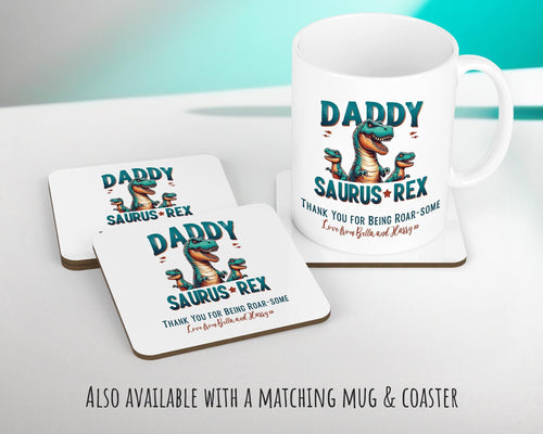 Fathers Day Gift from Son Daughter - Personalised Dinosaur Daddy Design Cushion Matching Daddy Mug Coaster Gift Bundle Gifts for Dad FD019