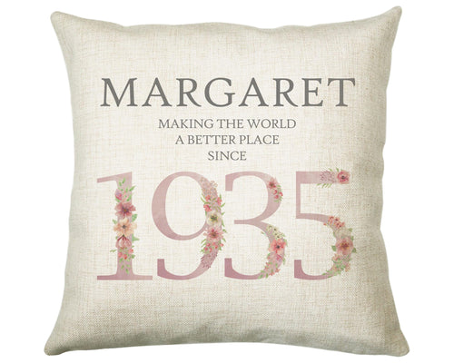 90th Birthday Gift for Women - Personalised 1935 Birthday Cushion Age 90 Gift for Her - Ladies Floral Age Design Mum Nan Gran Ninety BNM90C
