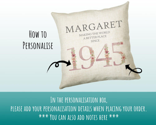 80th Birthday Gift for Women - Personalised 1945 Birthday Cushion Age 80 Gift for Her - Ladies Floral Age Design Mum Nan Gran Eighty BNM80C