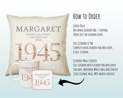 80th Birthday Gift for Women - Personalised 1945 Birthday Cushion Age 80 Gift for Her - Ladies Floral Age Design Mum Nan Gran Eighty BNM80C