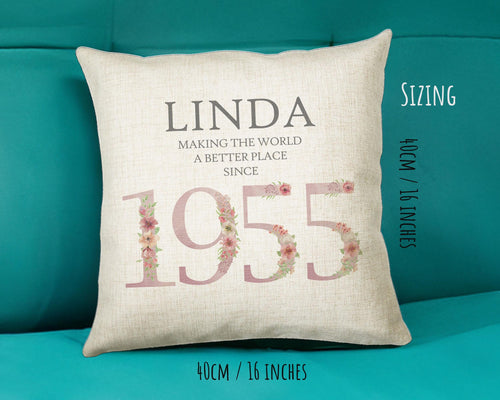 70th Birthday Gift for Women - Personalised 1955 Birthday Cushion Age 70 Gift for Her - Ladies Floral Design Mum Nan Gran Seventy BNM70C