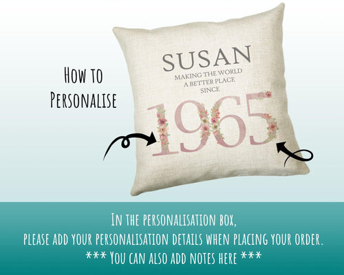 60th Birthday Gift for Women - Personalised 1965 Birthday Cushion Age 60 Gift for Her - Ladies Floral Age Design Mum Nan Gran Sixty BNM60C