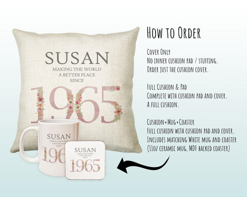 60th Birthday Gift for Women - Personalised 1965 Birthday Cushion Age 60 Gift for Her - Ladies Floral Age Design Mum Nan Gran Sixty BNM60C