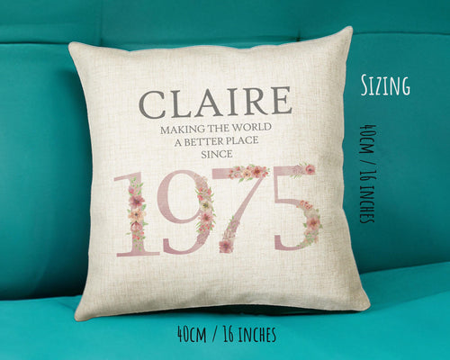 50th Birthday Gift for Women - Personalised 1975 Birthday Cushion Age 50 Gift for Her - Ladies Floral Design Mum Nan Sister Fifty BNM50C