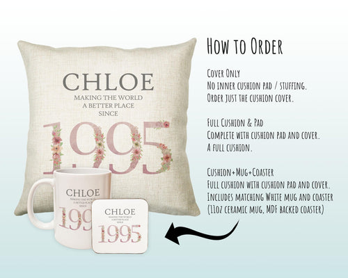 30th Birthday Gift for Her Personalised 1995 Birthday Cushion Age 30 Gift for Women - Ladies Floral Design Mum Daughter Sister Thirty BNM30C