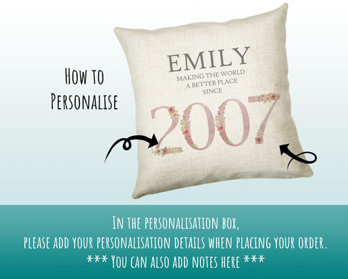 18th Birthday Gift for Women - Personalised 2007 Birthday Cushion Age 18 Gift for Her Ladies Floral Design Daughter Sister Eighteen BNM18C