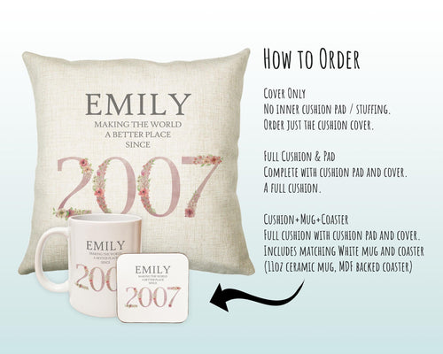 18th Birthday Gift for Women - Personalised 2007 Birthday Cushion Age 18 Gift for Her Ladies Floral Design Daughter Sister Eighteen BNM18C