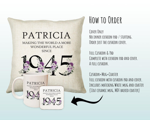 80th Birthday Gift for Women - Personalised 1945 Birthday Cushion Age 80 Gift for Her - Ladies Floral Age Design Mum Nan Gran Eighty BNQ80C