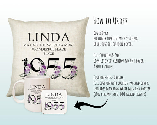 70th Birthday Gift for Women - Personalised 1955 Birthday Cushion Age 70 Gift for Her - Ladies Floral Design Mum Nan Gran Seventy BNQ70C
