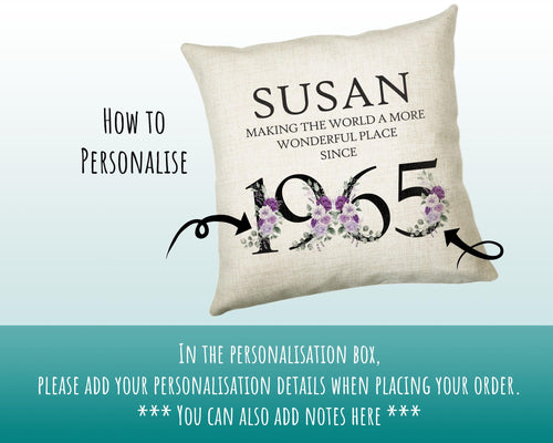 60th Birthday Gift for Women - Personalised 1965 Birthday Cushion Age 60 Gift for Her - Ladies Floral Age Design Mum Nan Gran Sixty BNQ60C