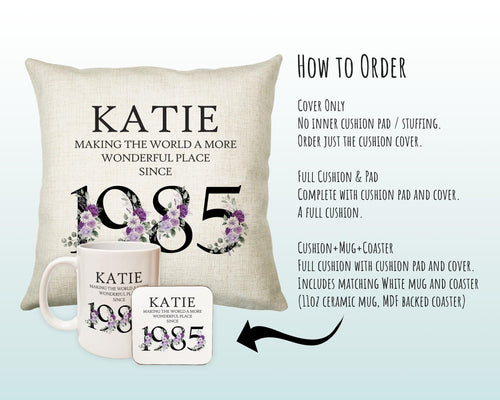 40th Birthday Gift for Women - Personalised 1985 Birthday Cushion Age 40 Gift for Her Ladies Floral Design Mum Daughter Sister Forty BNQ40C
