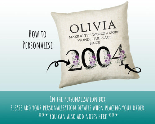 21st Birthday Gift for Women - Personalised 2004 Birthday Cushion Age 21 Gift for Her Lady Floral Design Daughter Sister Twenty One BNQ21C