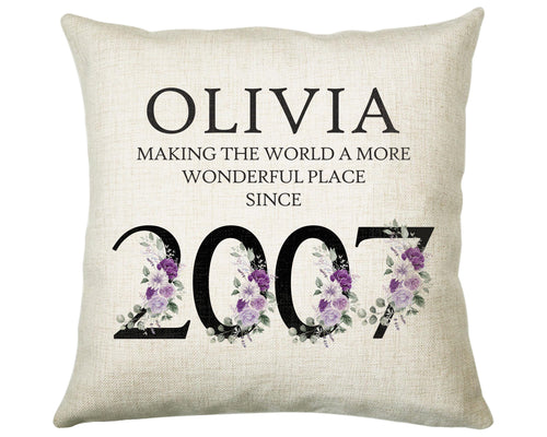 18th Birthday Gift for Women - Personalised 2007 Birthday Cushion Age 18 Gift for Her Ladies Floral Design Daughter Sister Eighteen BNQ18C