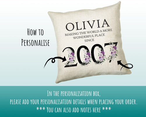 18th Birthday Gift for Women - Personalised 2007 Birthday Cushion Age 18 Gift for Her Ladies Floral Design Daughter Sister Eighteen BNQ18C