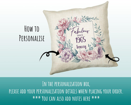 60th Birthday Gift for Women - Personalised 1965 Birthday Cushion Age 60 Gift for Her - Ladies Floral Age Design Mum Nan Gran Sixty BNR60C