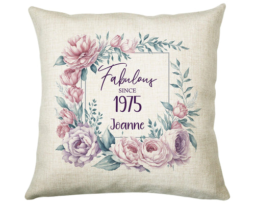 50th Birthday Gift for Women - Personalised 1975 Birthday Cushion Age 50 Gift for Her - Ladies Floral Design Mum Nan Sister Fifty BNR50C