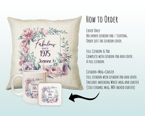 50th Birthday Gift for Women - Personalised 1975 Birthday Cushion Age 50 Gift for Her - Ladies Floral Design Mum Nan Sister Fifty BNR50C